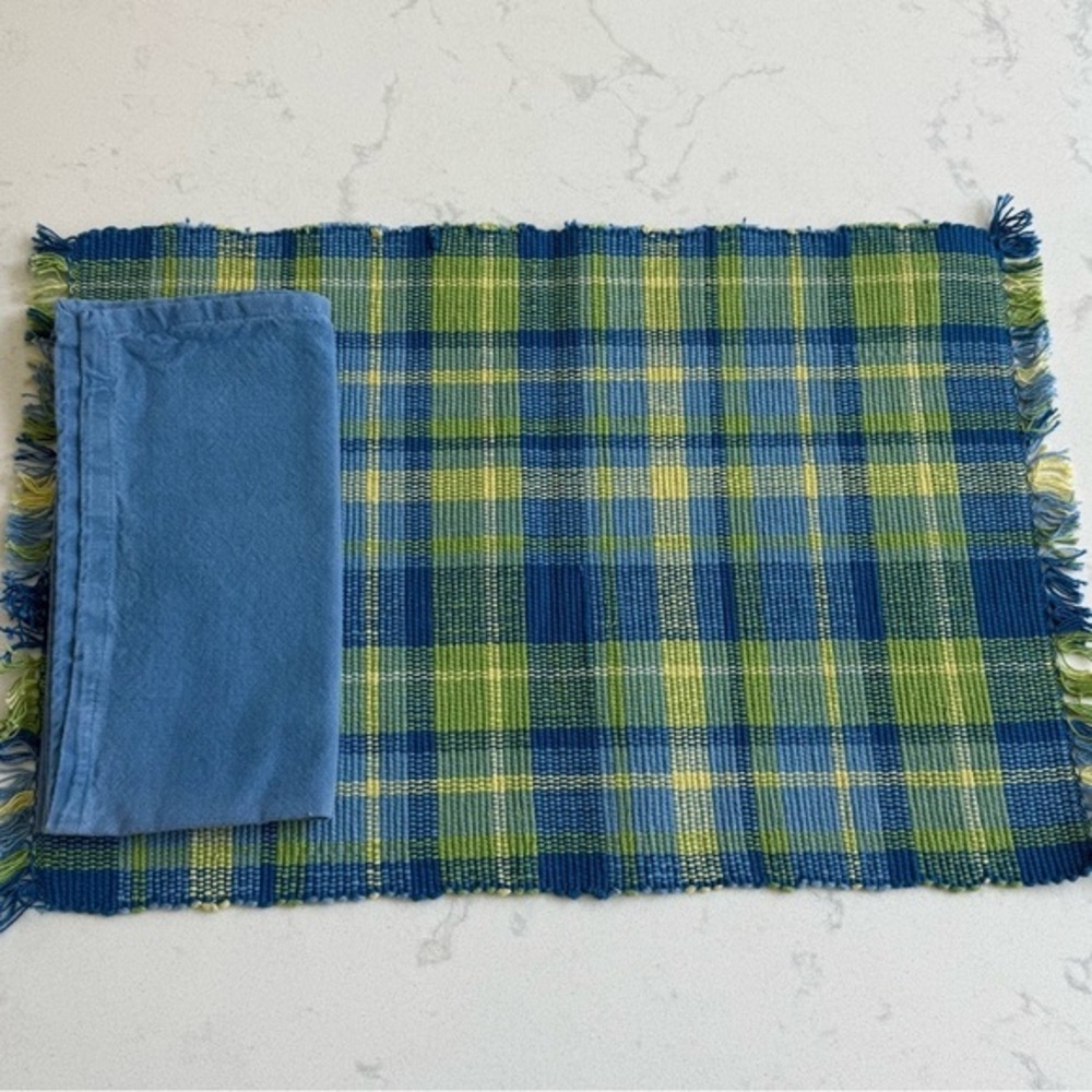Hand loomed Blue and Green Plaid Placemats with Napkins 100% cotton set of 4